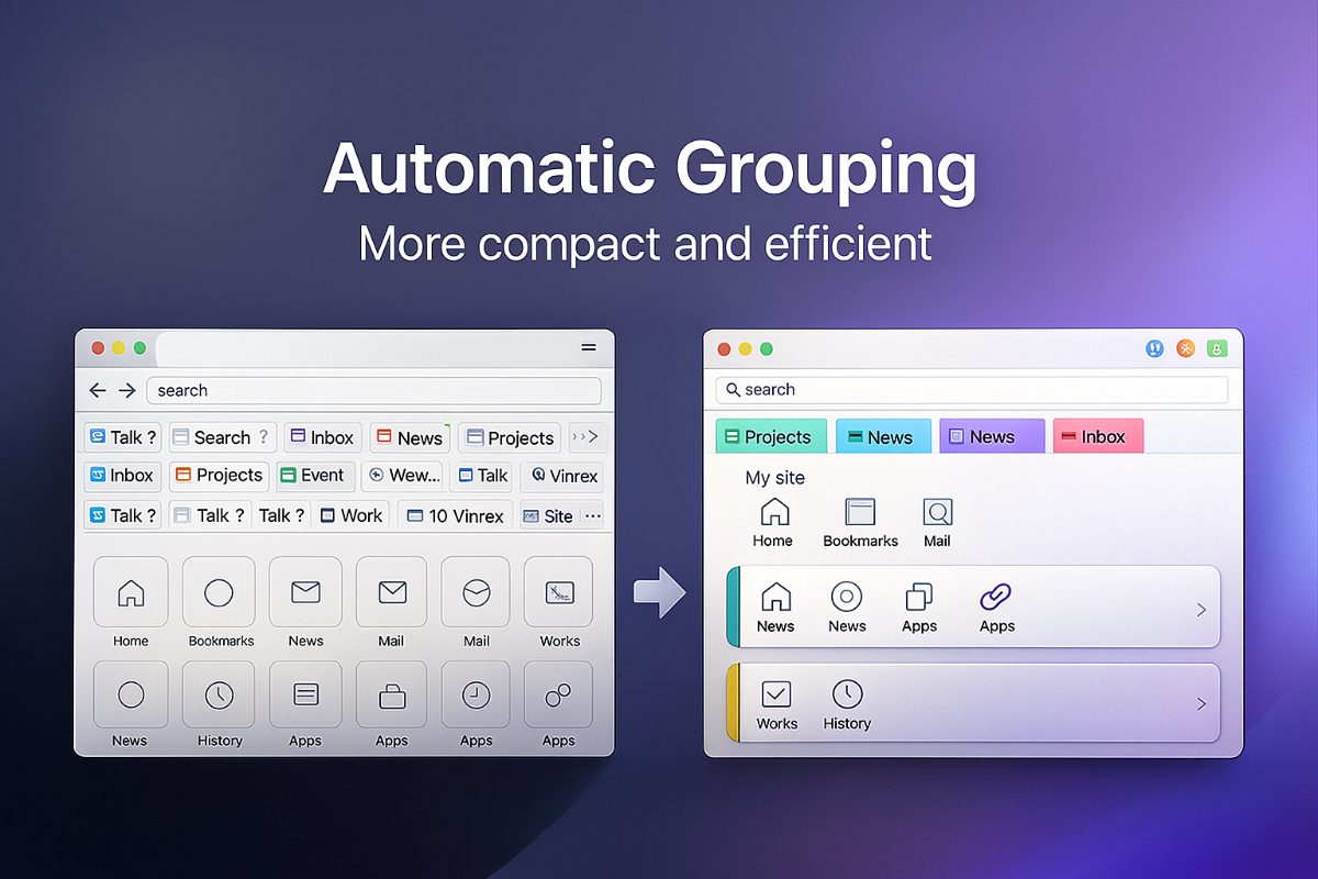 Bundly automatic tab grouping - Before and after comparison